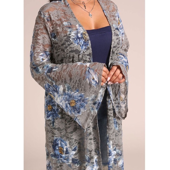 Plus Gray Blue Floral Lace Kimono Cardigan Tunic - Picture 5 of 5